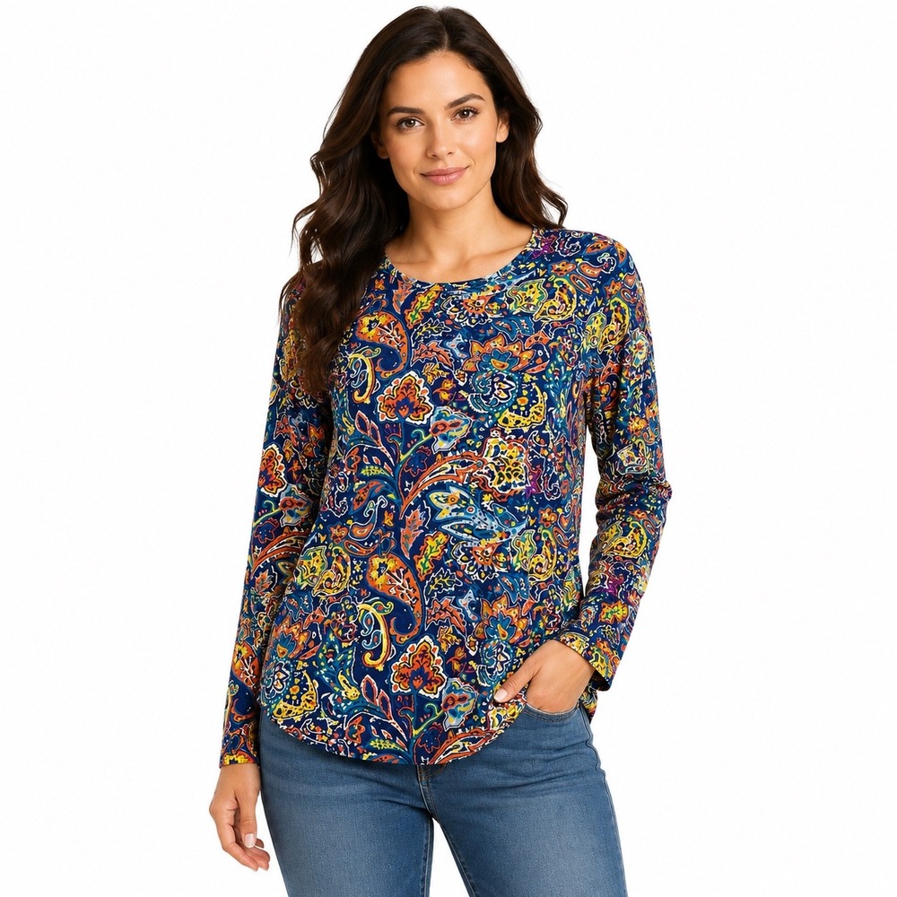 J.McLaughlin Womens Blue Orange Paisley Floral Long Sleeve Blouse Top Size L